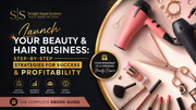 Promotional graphic for 'Launch Your Beauty & Hair Business' with tools and products on a table.