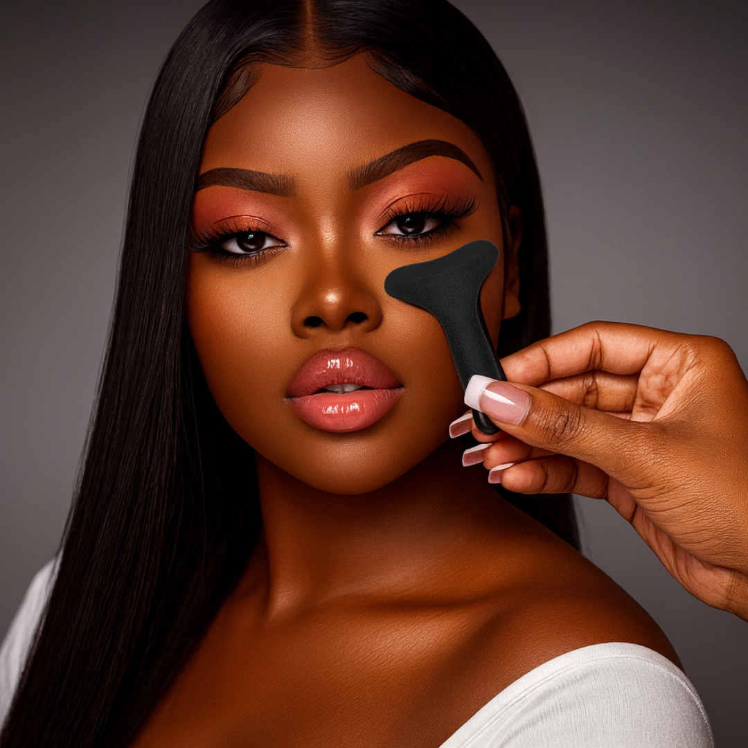 Woman applying makeup with Straight Slayed shield, on a gray background